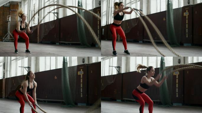 女运动员做战斗绳训练