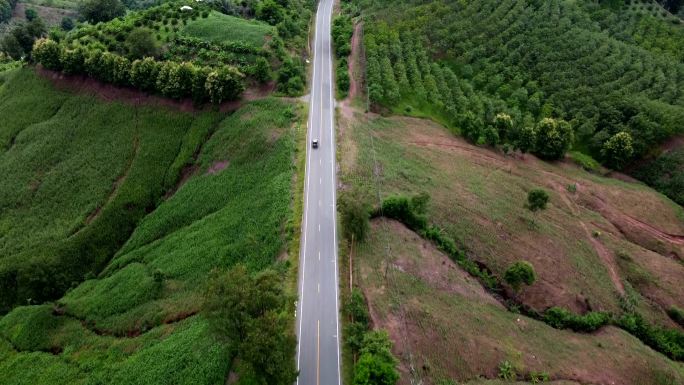 鸟瞰美丽的公路，俯瞰绿色丛林中的山顶