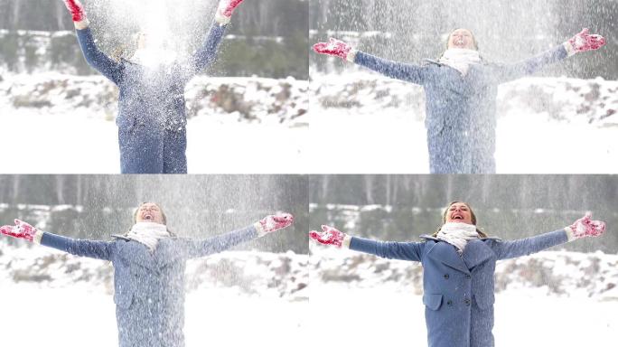 兴奋的女孩在撒雪花