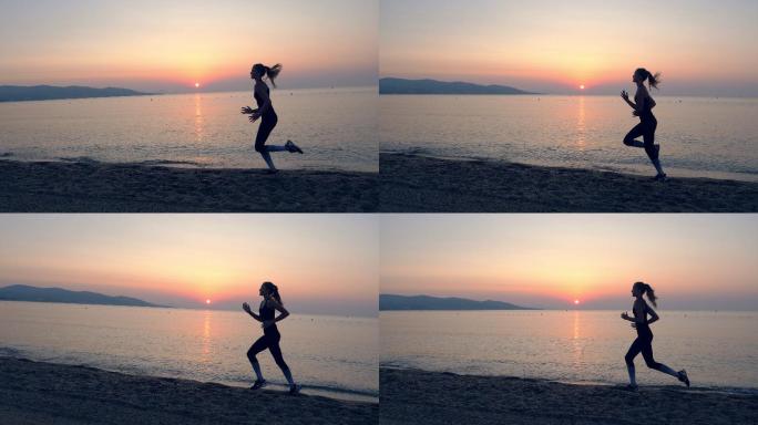 年轻女子在海边慢跑的身影