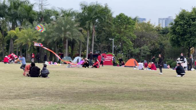 春天在公园里放风筝的人们