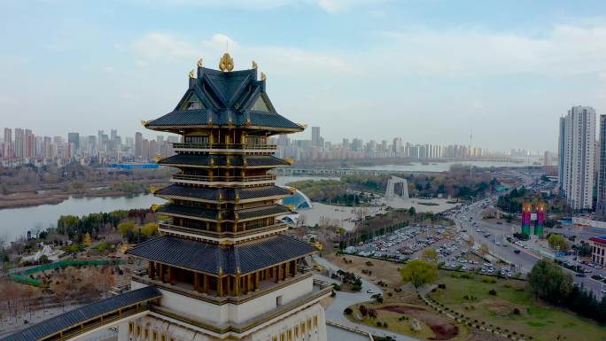 4K航拍山东省临沂市书法广场书圣阁风景