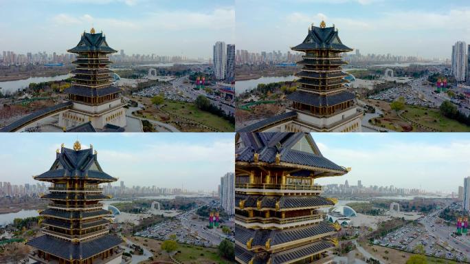 4K航拍山东省临沂市书法广场书圣阁风景