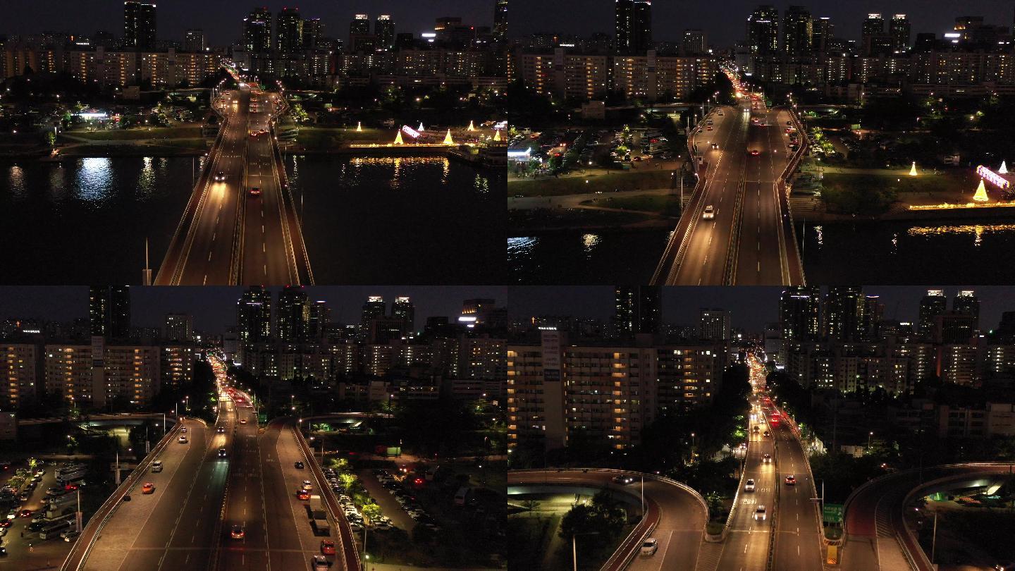 夜间城市鸟瞰氛围-都市亮化工程-灯光车水