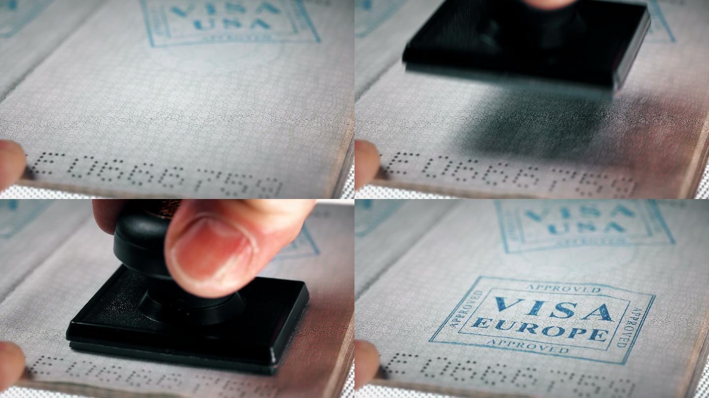 在护照上盖章：欧洲签证，批准