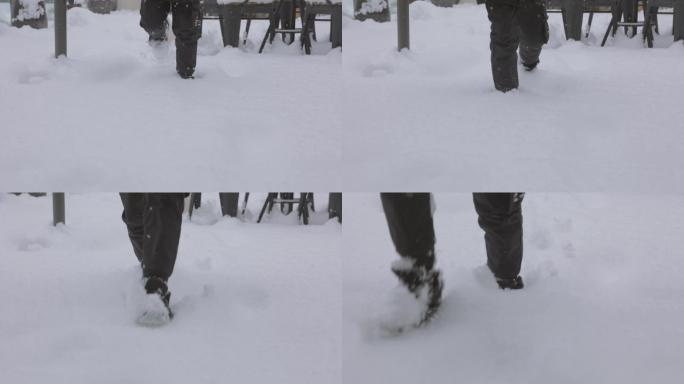 雪地里走路脚步特写
