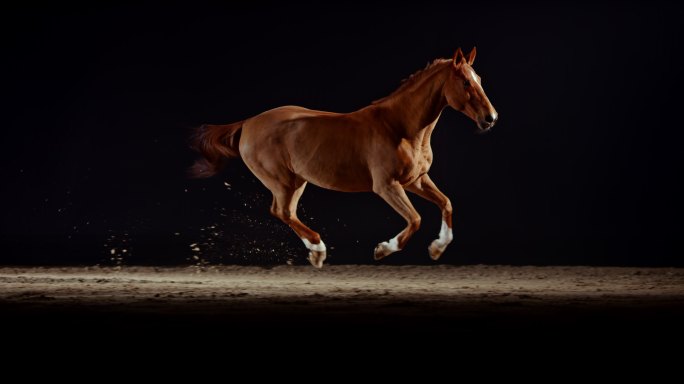 一匹棕色的马在骑行大厅慢跑
