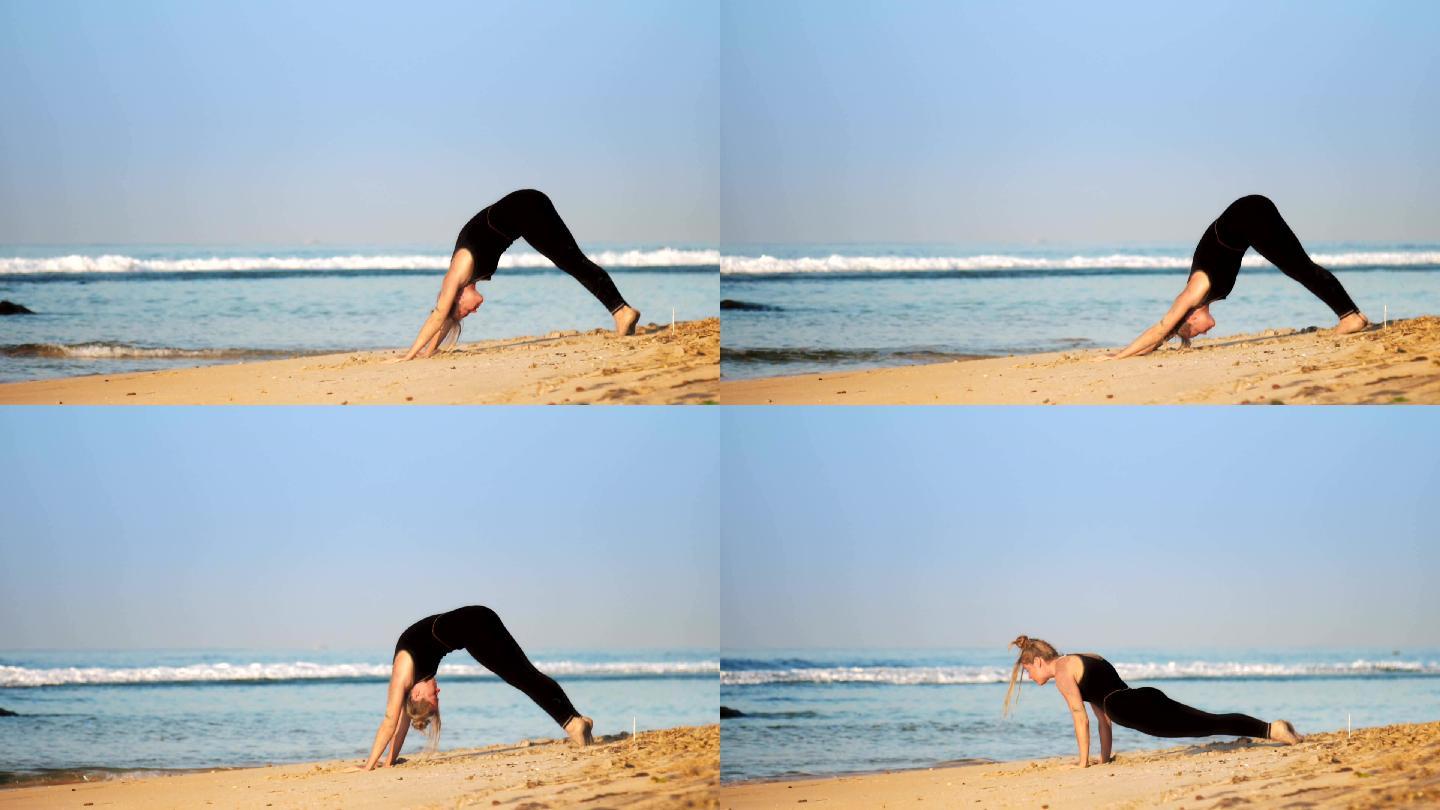 海边练瑜伽的女人国外外国大海舒展身体锻炼