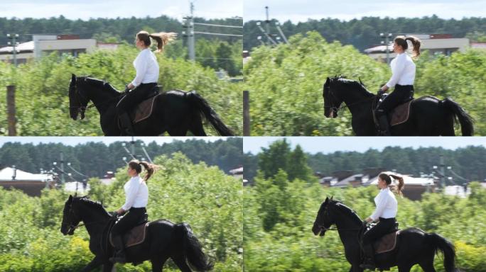 穿着白衬衫和黑裤子的女孩骑马