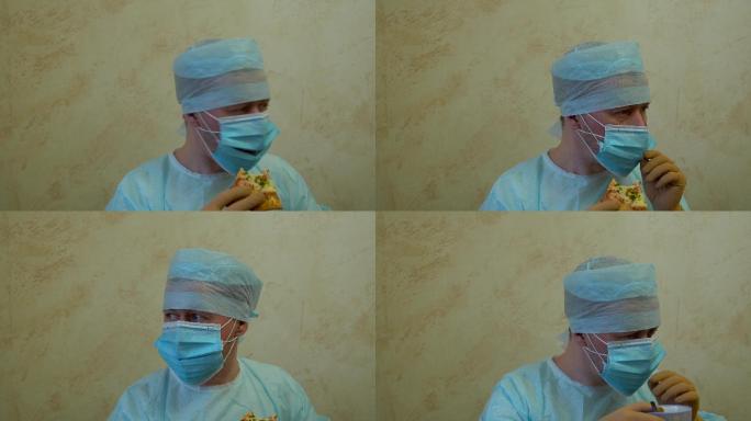 男医生穿着医疗服，戴着口罩和手套偷吃披萨
