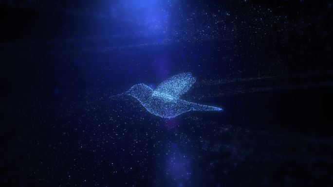 发光的蓝色鸟在粒子中飞行