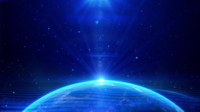 蓝色粒子飞行全息地球光束光线线条旋转转动