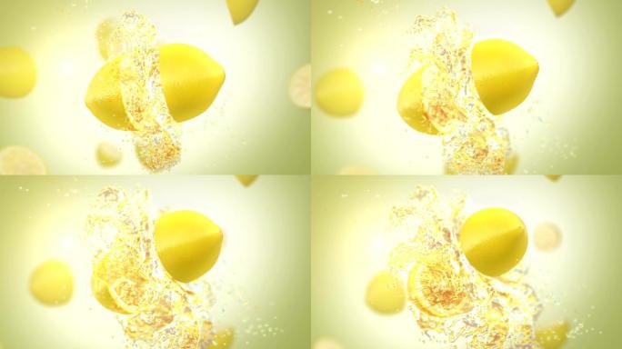 新鲜柠檬夏日饮品果汁液体特写慢镜头
