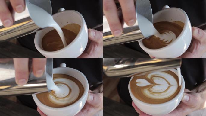 在特写镜头中制作拿铁的咖啡师