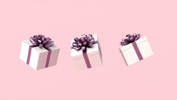 带有紫色丝带和粉色背景的白色礼品盒