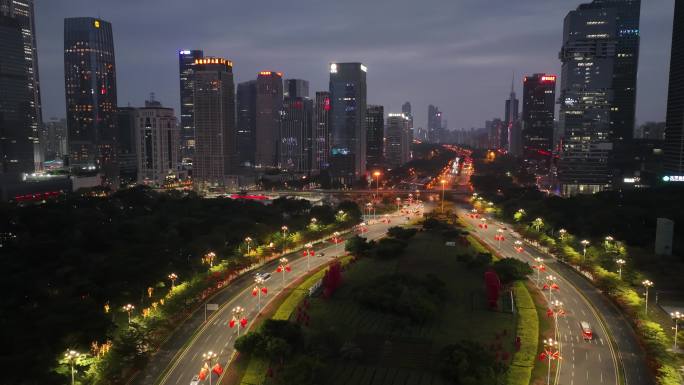 4K航拍：深南大道水晶岛绚丽夜景定向延时