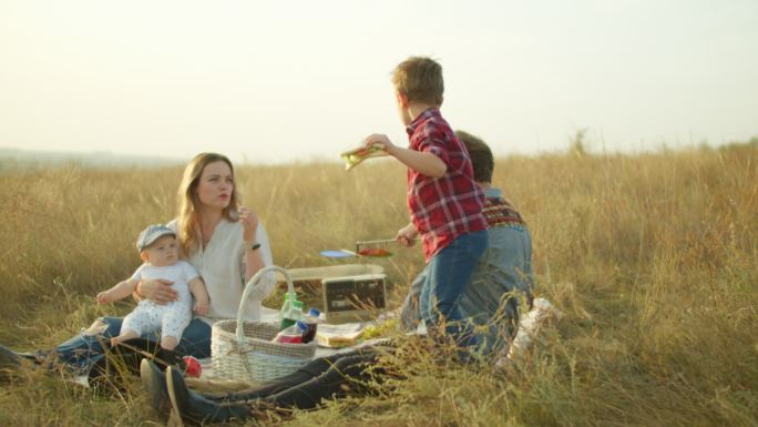 一家人在乡下的田野里野餐