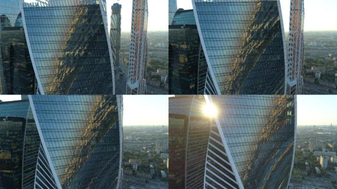 莫斯科国际商业中心摩天大楼的日落鸟瞰图
