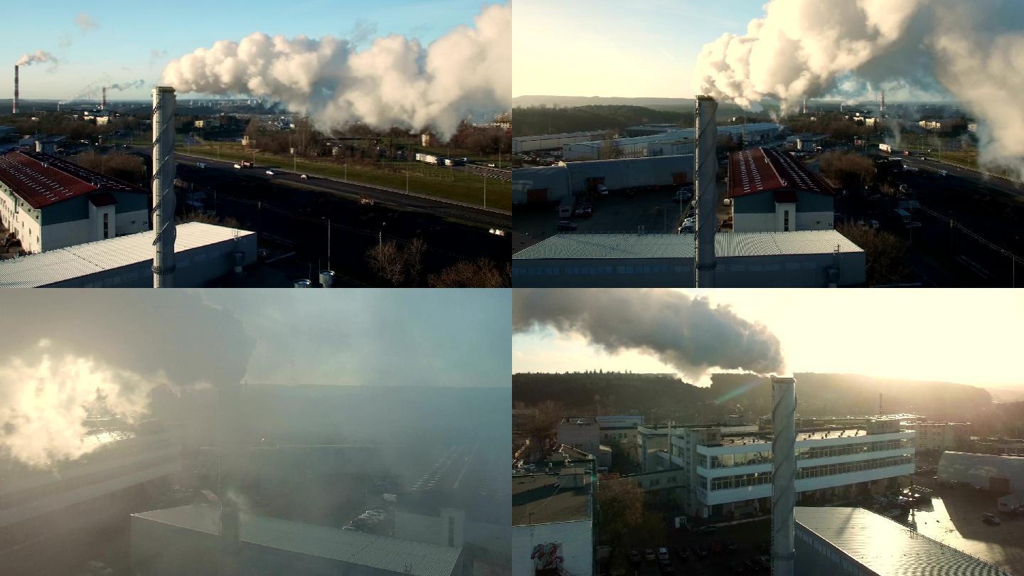 工厂烟囱烟雾弥漫。