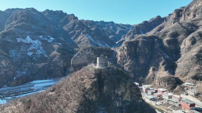 天津蓟州黄崖关长城凤凰楼雪景 旋转航拍