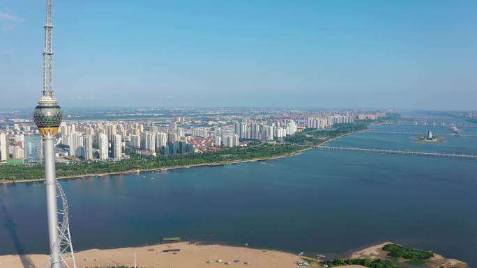 4K航拍山东临沂市三河口城市风景