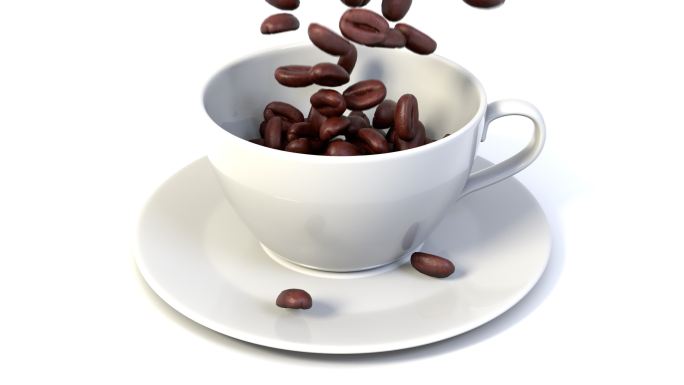 烤咖啡豆掉入白咖啡杯