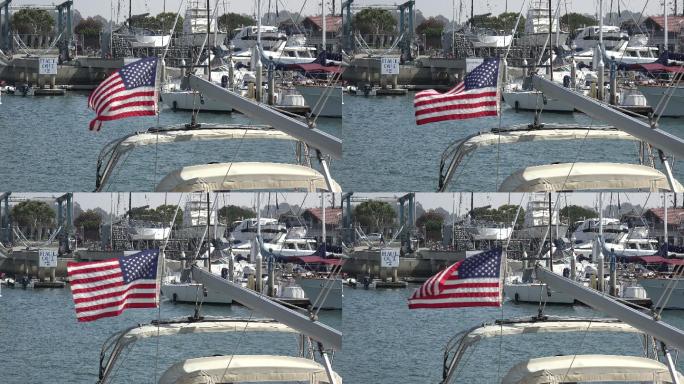 码头上迎风飘扬的美国国旗
