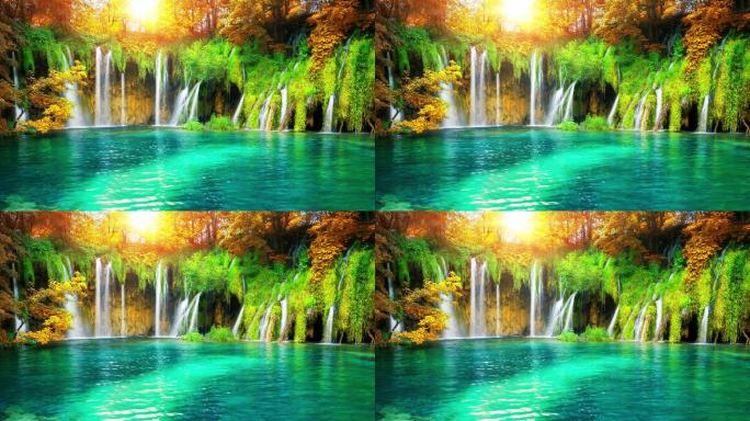 瀑布水流背景山水画壁画青山绿水