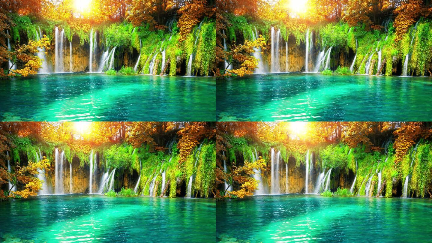 瀑布水流背景山水画壁画青山绿水