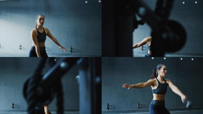 在健身房里用壶铃锻炼的女人