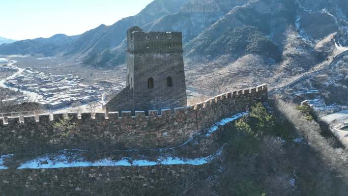 天津蓟州黄崖关长城烽火台雪景 大旋转航拍