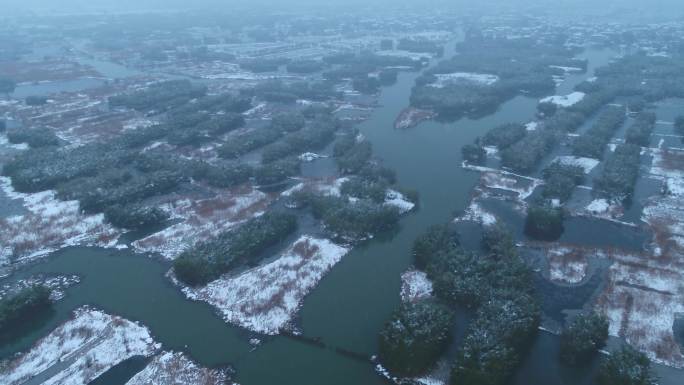 浙江湖州德清下渚湖湿地公园雪景高清航拍