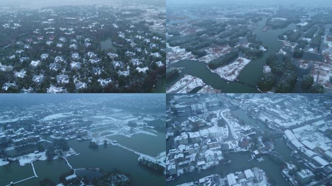 浙江湖州德清下渚湖湿地公园雪景高清航拍