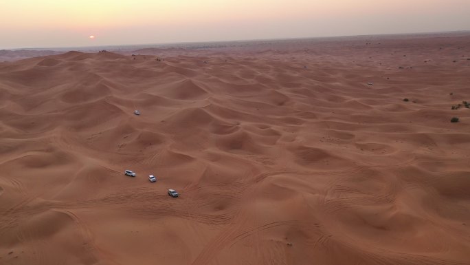 一列白色汽车在沙漠中行驶。