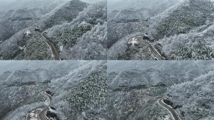 航拍冬天寒潮山区积雪高山雪山交通道路