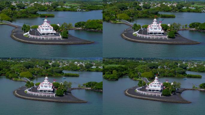 四面环海的地标性建筑白色印度寺庙航拍素材