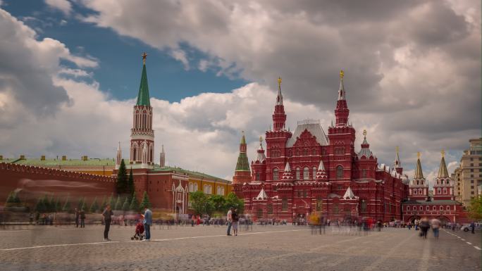 夏日莫斯科市红场古建筑延时摄影国外