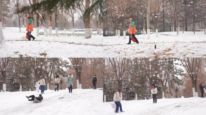 冬天下雪升格环卫工人雪中扫雪清理空镜3