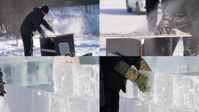 切割冰块做冰房子，冰屋制作冰天雪地盖冰屋