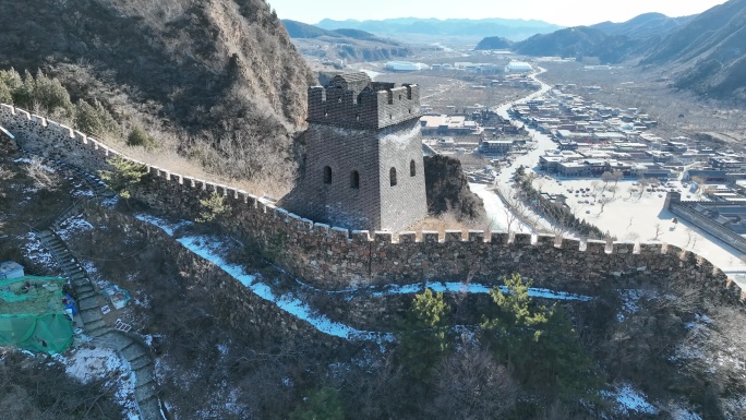 天津蓟州黄崖关长城烽火台雪景 旋转航拍