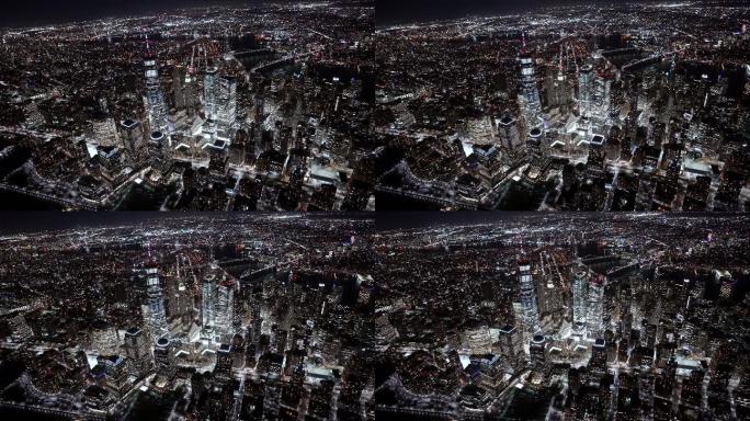 从直升机上俯瞰金融区的广角夜景