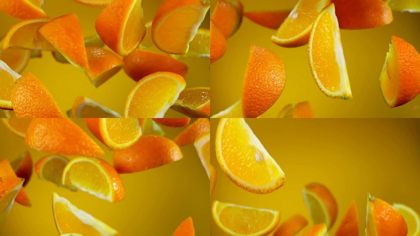 多汁的橙子片水果慢动作入水创意特写主图视