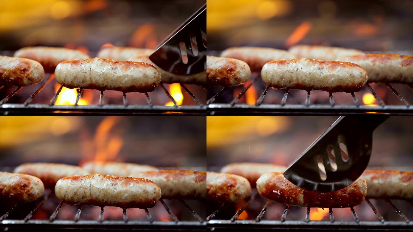 美味多汁的香肠，在烤架上用火烤
