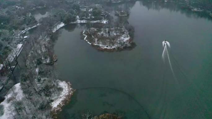 杭州西湖风光茅家埠航拍雪景