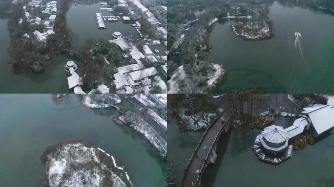 杭州西湖风光茅家埠航拍雪景