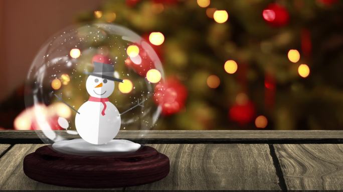 圣诞树上木桌上雪人的雪球动画