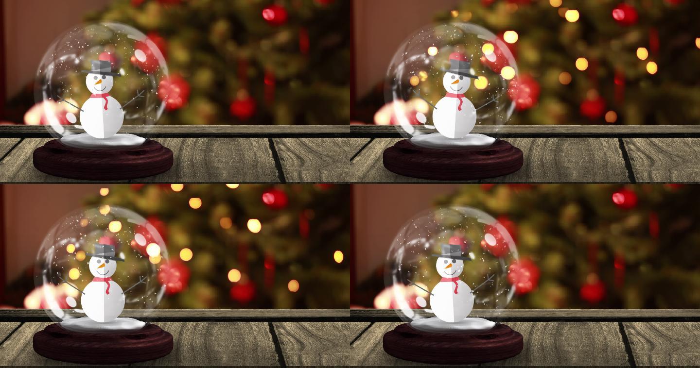 圣诞树上木桌上雪人的雪球动画
