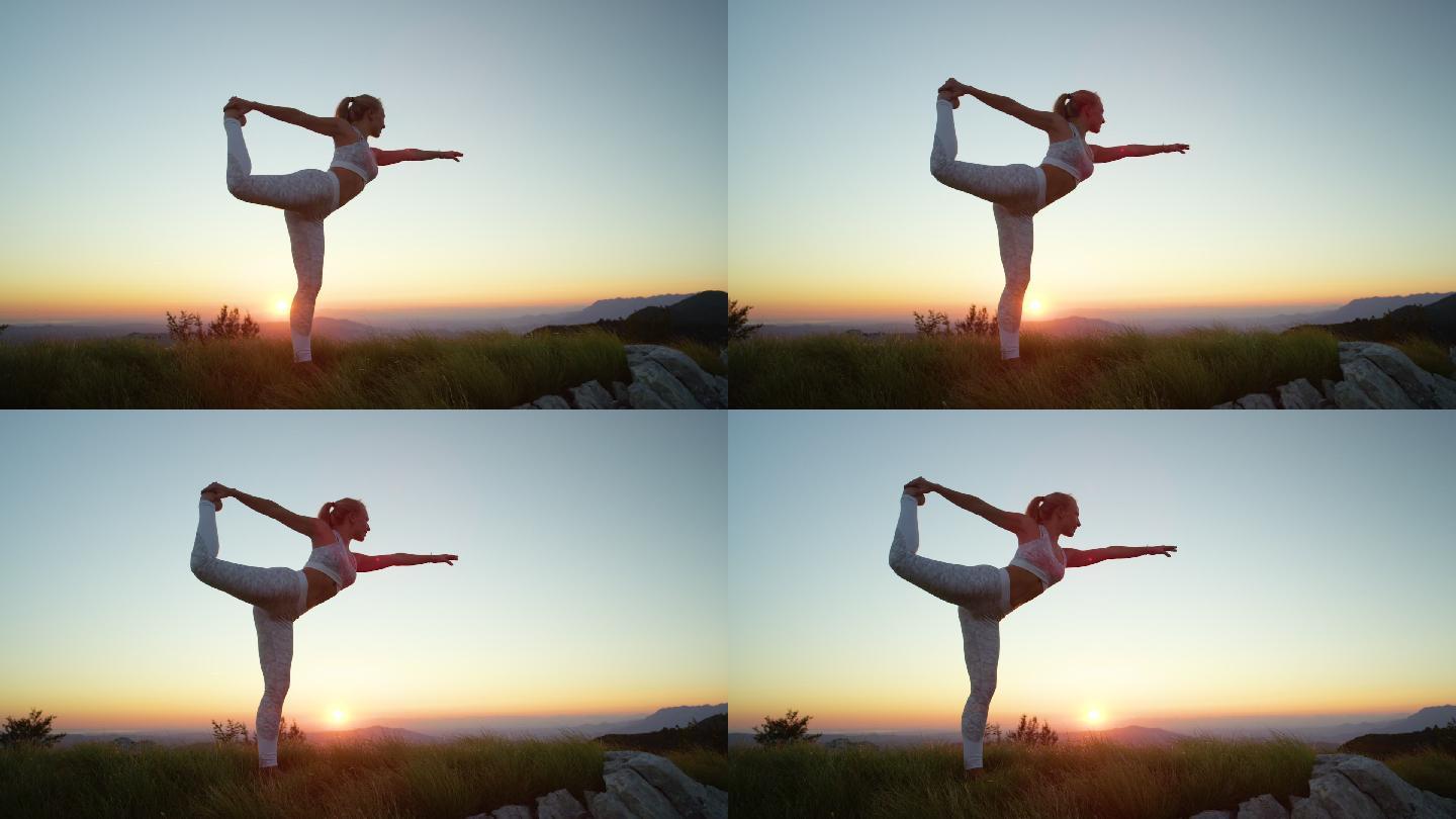 女性在日落前练习瑜伽的姿势。