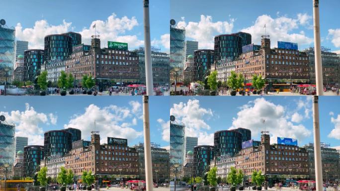 哥本哈根市中心城市建筑快速发展航拍延时国