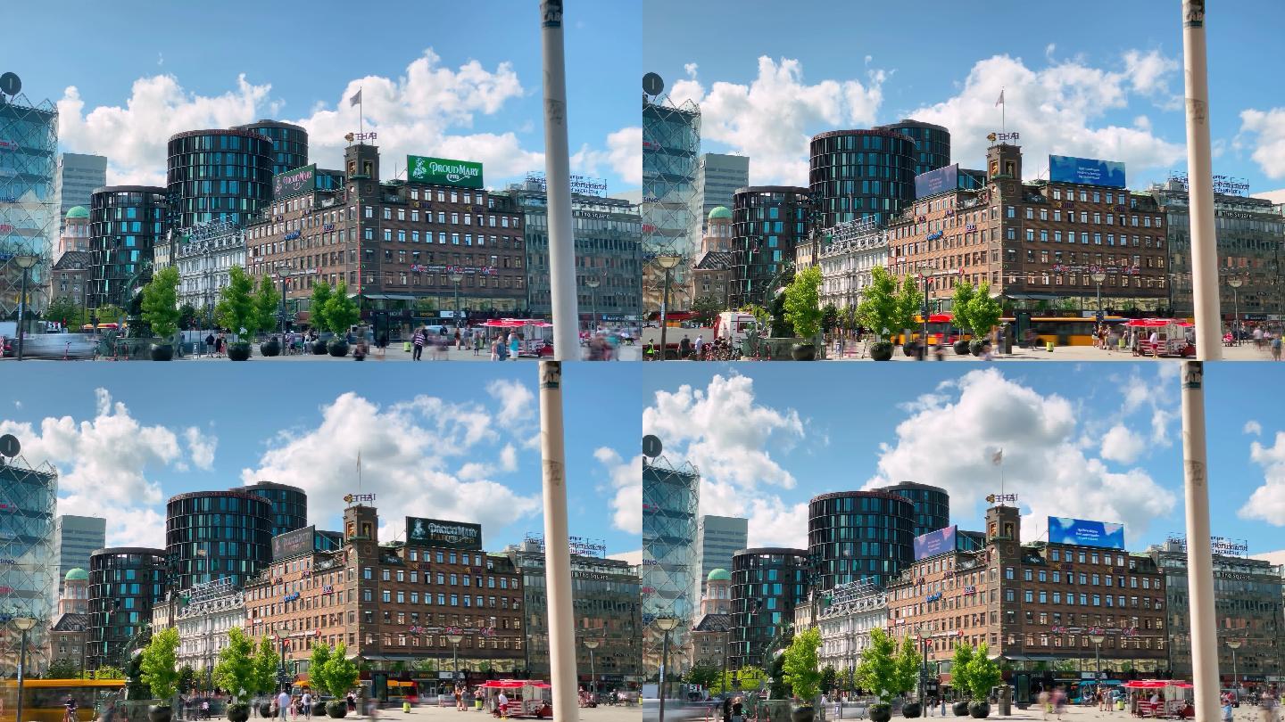 哥本哈根市中心城市建筑快速发展航拍延时国